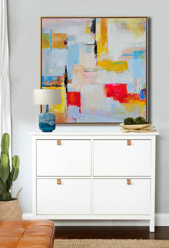 Oversized Palette Knife Painting Contemporary Art On Canvas,Canvas Paintings For Sale,Grey,Yellow,Red,Sky Blue - Click Image to Close